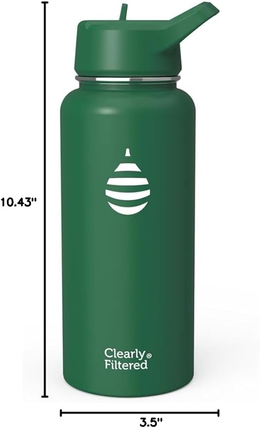 Clearly Filtered Water Bottle | Removes 220+ Contaminants, Double-Wall Insulated Stainless Steel, BPA/BPS Free, Phthalate Free, Filters Flouride Lead Chlorine (32oz, Evergreen)