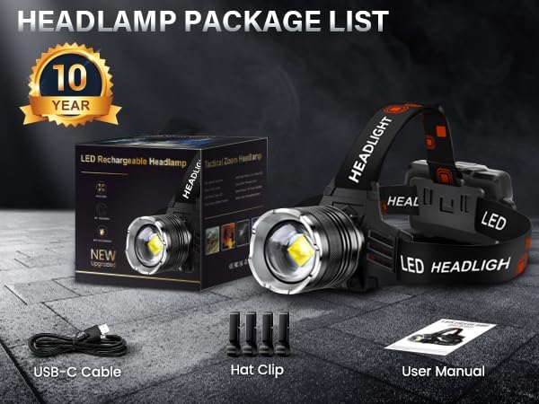 AKNEAR LED Rechargeable Headlamp 99000 High Lumens, 95 Hours Endurance Head Lamp with Zoomable & 12 Modes & IPX7 Waterproof & 125ยฐ Adjustable, Super Bright Head Light for Outdoor, Camping, Hard Hat