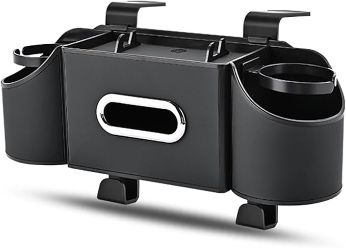 4-in-1 Back Seat Car Organizer – Premium Nappa Leather Storage Caddy with Cup Holder, Tissue Dispenser & Phone Pocket for Kids & Travel | Universal Fit for SUVs, Vans & Cars (Black)