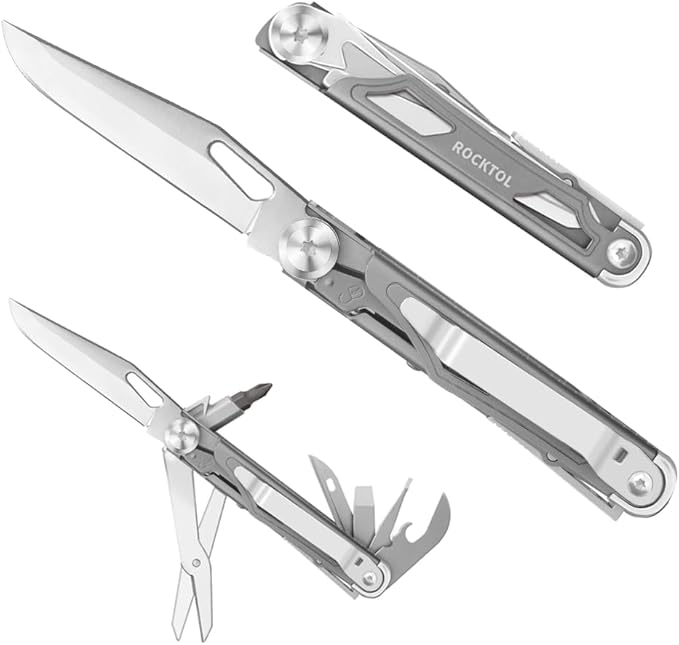 ROCKTOL Multitool Pocket Knife,12-in-1 Multitool Knife,Titanium-Plated Handle,Pocket Clip,Large Scissors,Stainless Steel for Camping, Hiking, Survival, multitool for Men