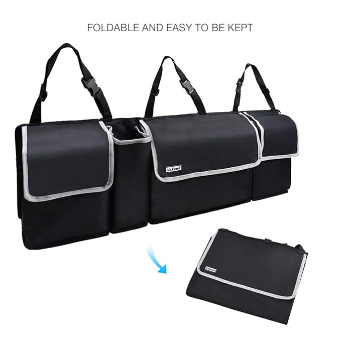 Backseat Trunk Organizer for SUV & Car - Hanging Organizer Foldable Cargo Storage Bag with 4 Pockets Adjustable Strap Durable Cover and Fit for Most Vehicles