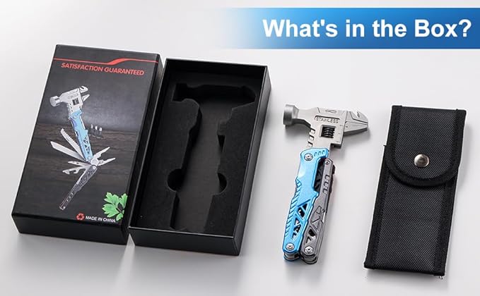 18-in-1 Multitool with Hammer & Adjustable Wrench, Heavy-Duty Stainless Steel Folding Multi Tool Pliers for Camping, Survival & Emergency, Practical Gifts for Men & Dad (Blue)