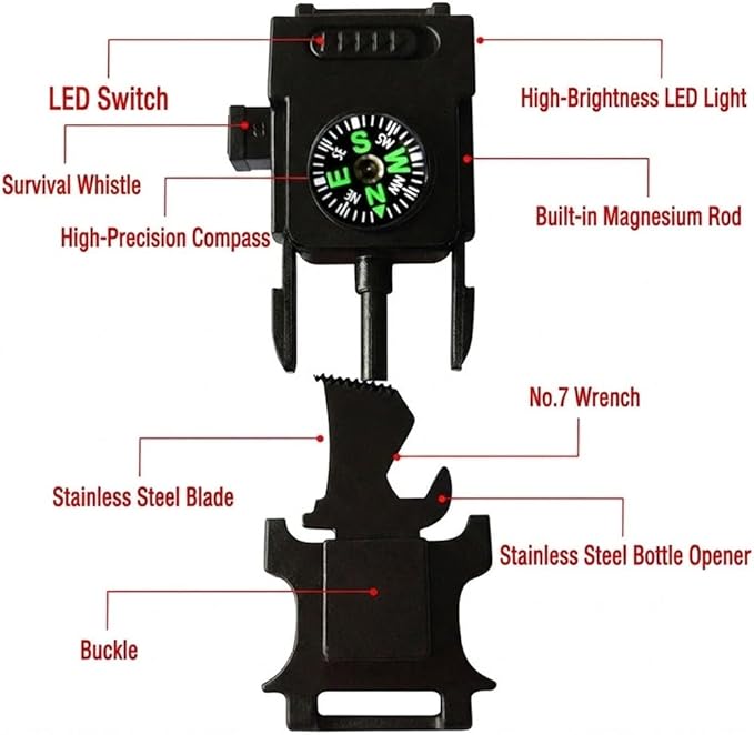 Outdoor Survival Wristband – Tactical Paracord Band with LED Light, Compass, Fire Starter, Whistle & Multitool for Camping, Hiking, and Emergency EDC
