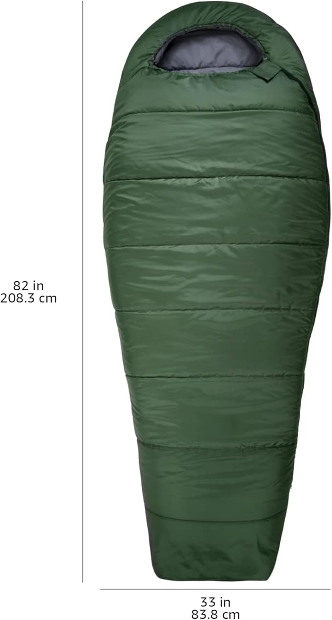 Amazon Basics 20°F Cold Weather Mummy Sleeping Bag for Hiking, Outdoor Camping with No-Snag Zipper, Portable, 82" x 33", Olive Green