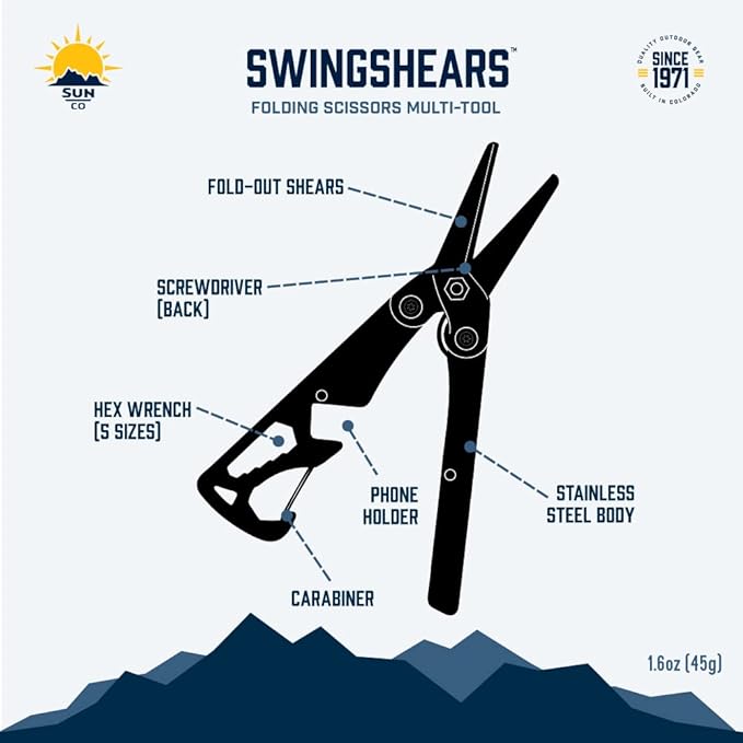 Sun Company SwingShears - Foldable Scissors MultiTool with Carabiner | 8 Functions Including Shears, Screwdriver, and Hex Wrenches | Handy Gadget for Camping, Hiking, Hunting, Fishing or EDC