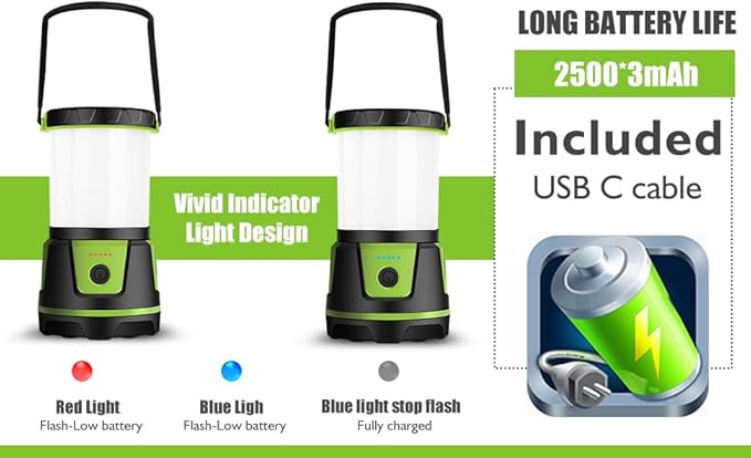 Rechargeable LED Lantern - 3000 Lumens, 5 Light Modes, IP54 Waterproof, 7500mAh Battery, Portable Flashlight for Camping, Hiking, Power Outages & Emergencie (Green)