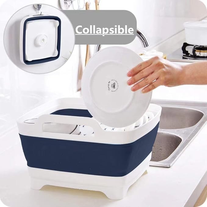 FOSJGO 2.4 Gal(9L) Collapsible Dish Basin with Drain Plug,Space Saving Multiuse Foldable Sink Tub,Dishpan,Kitchen Sink for Camping,Plastic Tub,Vegetable Washing,RV