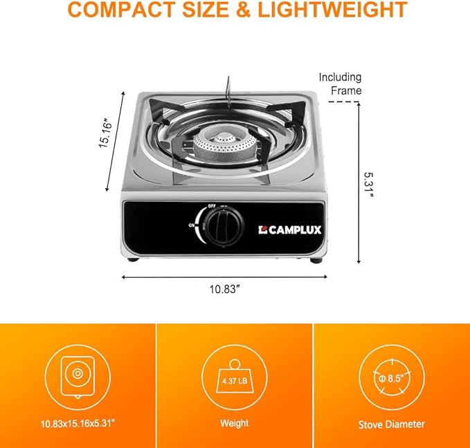 Camplux Single Burner Propane Stove 9,800 BTU, Stainless Steel Portable Gas Stoves