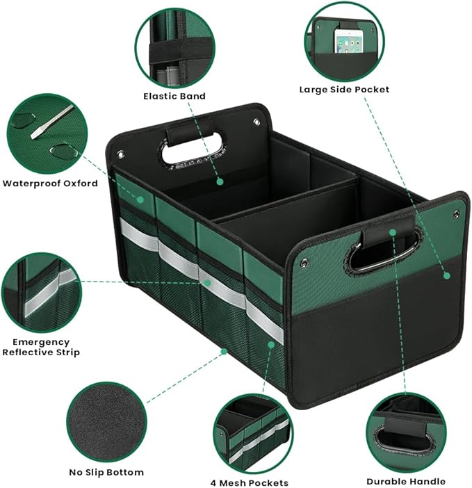 WINHUNT Car Trunk Organizer, Car Storage Organizer, Collapsible Multi Compartment for Car, Suv, Sedan, Truck, 100L, Extra Larger (Green, 50L)
