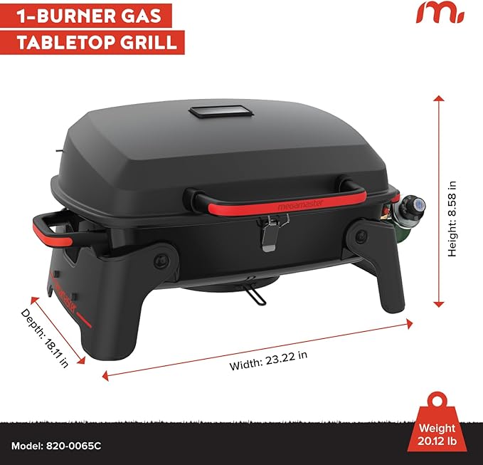 Megamaster 1-Burner Portable Gas Grill with Locking Lid, 11,000 BTU Stainless Steel Burner, Foldable Legs, Small Propane Grill for Outdoor Cooking, Camping, BBQs, Patios, and Gardens - 820-0065C