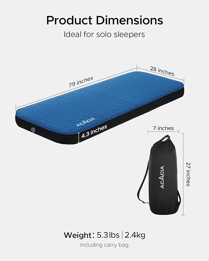 Acacia 4" Thick Self Inflating Sleeping Pad with Foam, Innovative Y-Shaped Telescopic Structure, Ultraportable Camping Air Mattress with Pump Sack, Easy Roll Up Sleep Bed for Travel Tent Car