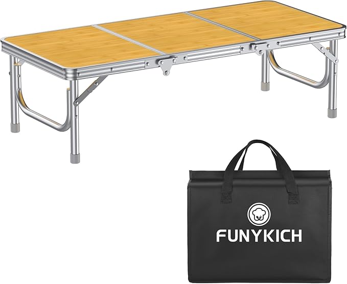FUNYKICH 3ft Low Folding Camping Table with Carry Bag, 34.2'' Lx15.7'' W Portable Picnic Tables, Lightweight Thicker Aluminum Beach Table with Carry Handle for Beach, Camping, Picnic, Yellow