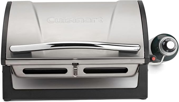 Cuisinart Grillster Portable Gas Grill, Stainless Steel Compact BBQ Grill with Locking Lid for Easy Transport, 8000 BTU Propane Grill with Dishwasher Safe Cooking Grate, Small Grill for Camping & BBQs