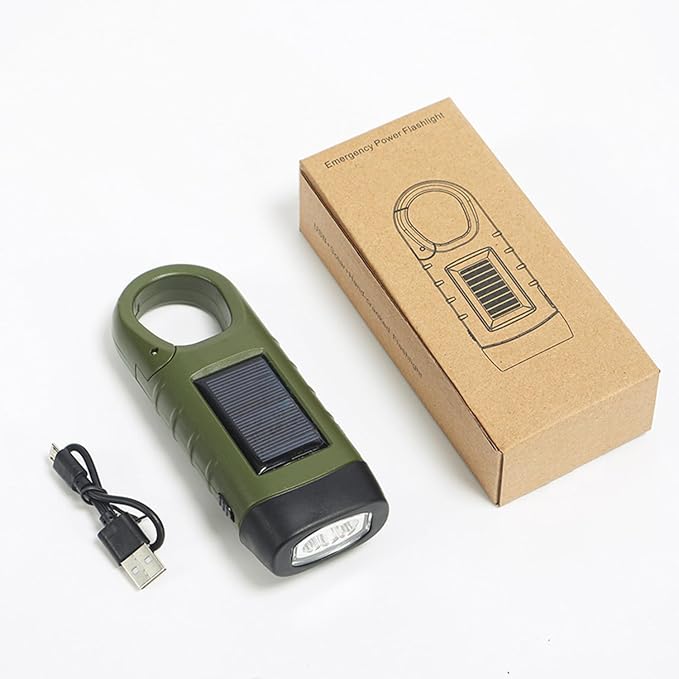 Hand Crank Solar Flashlight with USB Charing, Emergency USB Rechargeable LED Flashlight,Portable Handheld LED Survival Flashlight for Camping, Outdoor, Hiking Green
