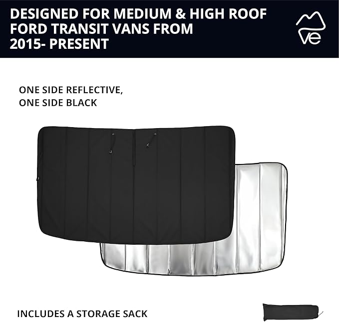 VanEssential Insulated Reflective Blackout Window Cover Designed for Ford Transit High/Medium Roof Front Windshield - Black Reflective