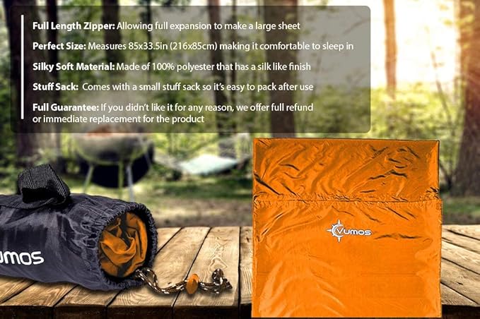 Sleeping Bag Liner Travel Sheet with Full-Length Zipper, Lightweight Silk-Like Polyester Camping Liner with Pillow Pocket, Compact Sleeping Bag Insert for Travel, Backpacking & Hostels