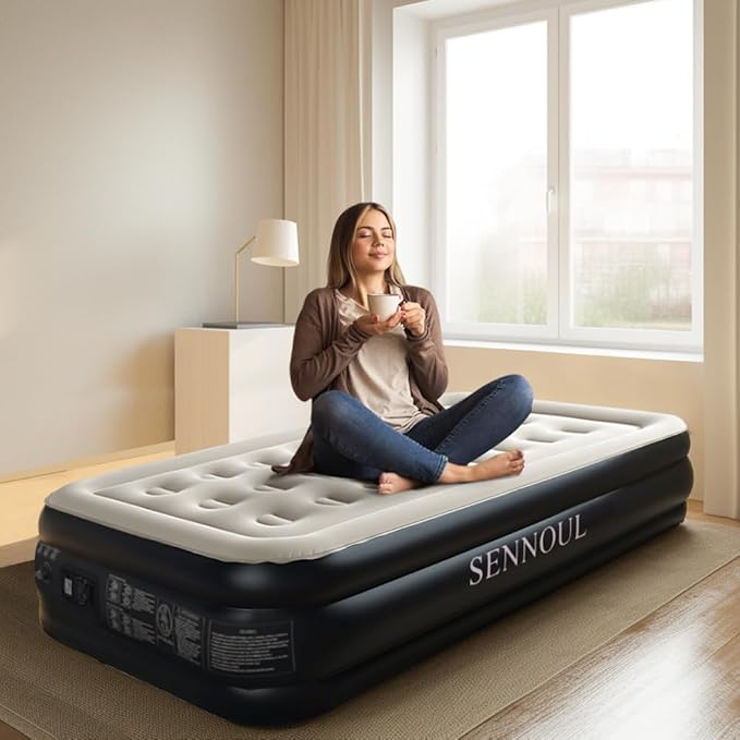 SENNOUL Twin Air Mattress with Built-in Pump,Fast & Easy Inflation/Deflation Inflatable Mattress, Foldable Blow Up Mattress with Storage Bag, Inflatable Bed for Home, Camping & Guests,16"/550lbs Max