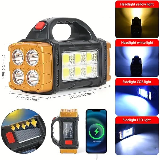 IFTHFOUR High Lumens Solar Flashlight - LED Work Light with USB-C Rechargeable, Waterproof, Multi-Function Flashlight & Lantern for Camping, Emergencies, and Outdoor