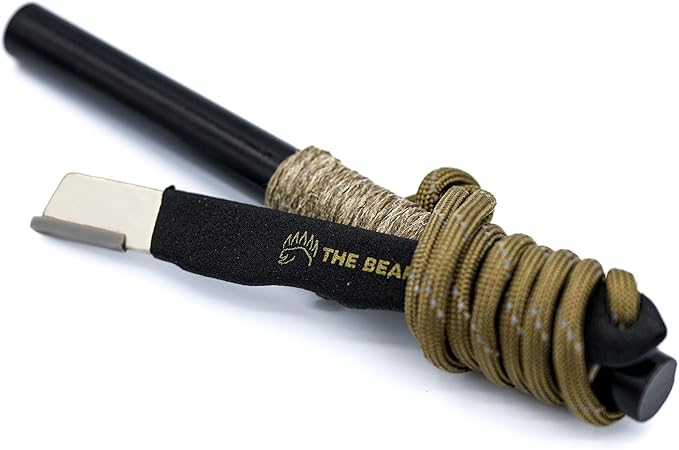 The Bear Essentials - 6" x 1/2" Large Ferro Rod & Tungsten Striker Fire Starter Survival Kit, Reflective Paracord, Waxed Hemp & Burlap Sack -20,000+ Strikes