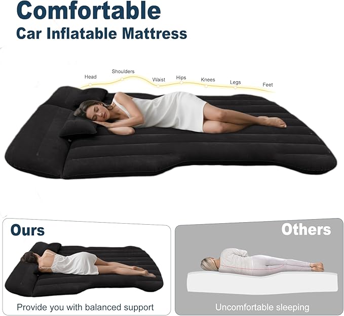 Car Air Mattress - Inflatable Camping Bed Compatible with Tesla Model Y, Thickened Flocked AirBed for Trunk/Backseat/Sedan/SUV/RV, Sleeping Pad with Pump and 2 Pillows for Camping Travel Outdoor Black