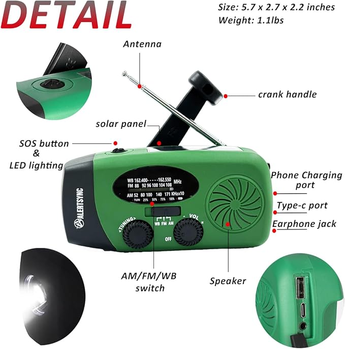 5000mah Alertsync NOAA Weather Emergency Radio with Solar Charging, AM FM Hand Crank Windup Radio SOS Alarm LED Flashlight with Earphone Jack for Home, Camping, Survival Hurricane (Green)