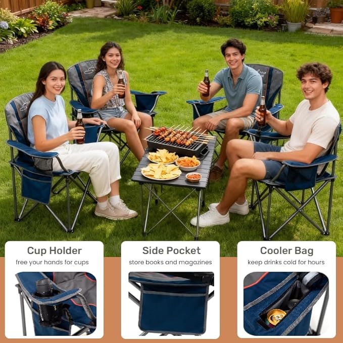 FAIR WIND Padded Camping Chair 500LBS Capacity Heavy Duty Oversized Folding Chair for Heavy People Portable Lawn Chair with Adjustable Lumbar Support, Cooler Bag & Cup Holder for Outdoor, Beach