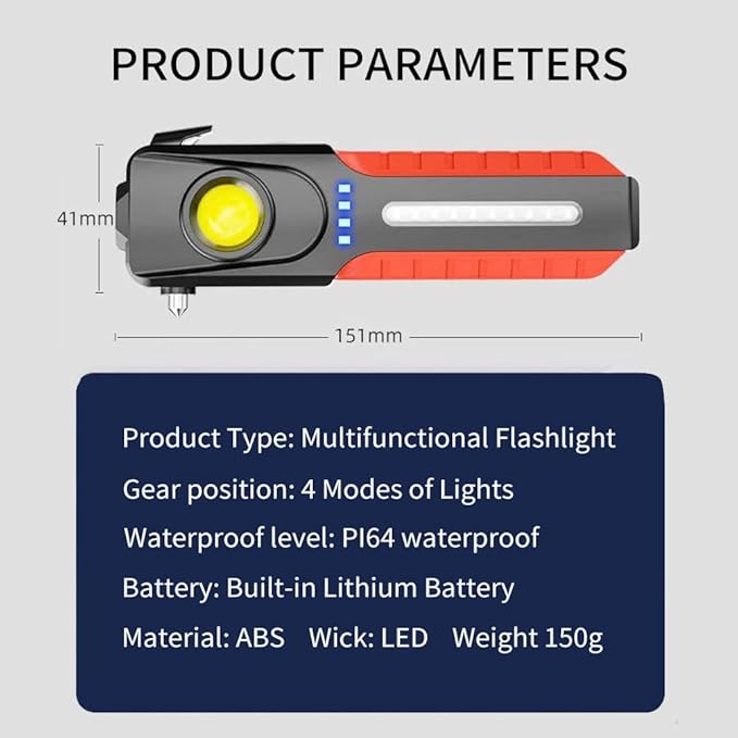 BY-J Car Flashlights for Emergencies, Window Breaker Seatbelt Cutter Multifunction LED Work Light, 4 Modes Bright COB Rechargeable Inspection Light for Car Repair, Household, Camping