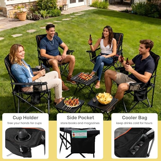 FAIR WIND 2 Pack Fully Padded Oversized Camping Chair 500LBS Capacity Heavy Duty Folding Chair for Heavy People with Adjustable Lumbar Support, Cooler Bag & Cup Holder for Outdoor, Beach