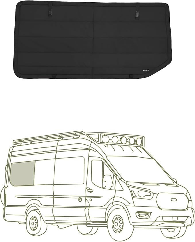 VanEssential Insulated Blackout Window Cover Designed for Ford Transit High/Medium Roof Full Plastic Trim 148 Extended Length Rear Qtr RH (Passenger Side) Window - Black
