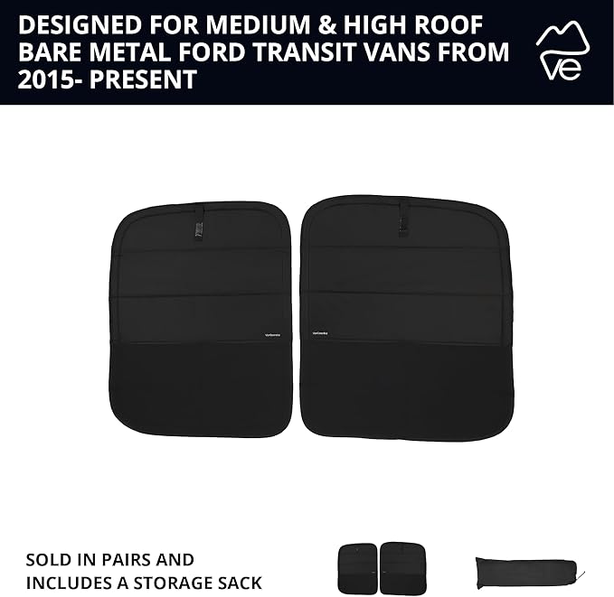 VanEssential Insulated Stealth Blackout Window Covers Designed for Ford Transit High/Medium Roof Rear Door Windows (Pair) - Black