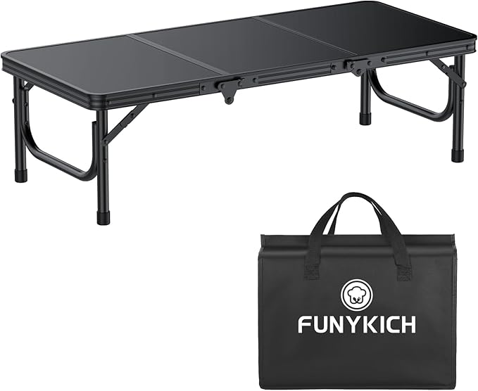 FUNYKICH 3ft Low Folding Camping Table with Carry Bag, 34.2'' Lx15.7'' W Portable Picnic Tables, Lightweight Thicker Aluminum Beach Table with Carry Handle for Beach, Camping, Picnic, Black