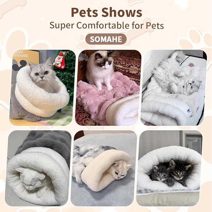 Self-Warming Cat Sleeping Bag, Enclosed Hooded Snuggle Sack with Dual-Side Plush Cat Cave Bed, Portable Foldable Pet Sleeping Pod for Indoor & Travel, Anti-Static, 21.7"x17.7"Coffee White