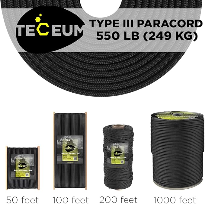 TECEUM Reflective Paracord Rope 1000 – 1000ft/200ft/100ft/50ft – 40+ Colors – Glow in The Dark – para Cord – Utility Rope for Survival, Hunting & Camping Gear – Nylon String, Camping Rope, Tent Cord