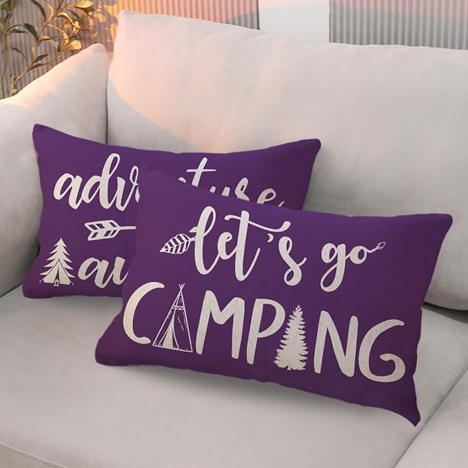 Adventure Camper Decorative Lumbar Pillowcase Double-sided Let’s Go Camping/Adventure Awaits Throw Pillow Covers Cabin/Camper Cushion Covers 12x20,2Pack for Sofa/Couch/Porch (Purple)