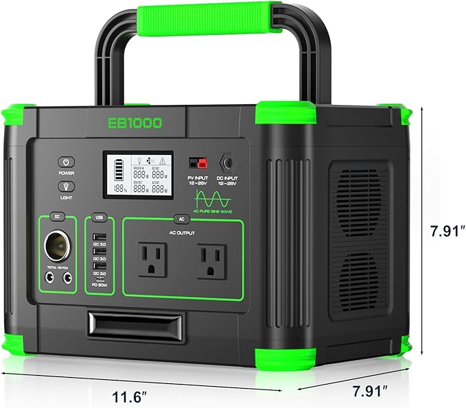 Portable Power Station 1000W, 999Wh Solar Generator, 110V Pure Sine Wave AC Outlets, 60W USB-C PD Fast Charging, 10 Ports for Outdoor Camping RV Van Home Backup Emergency Off-Grid Living(2000W Peak)