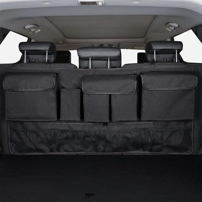 Mandark Car Trunk Organizer, Super Capacity Vehicle Hanging Backseat Cargo Storage Bag with Robust Elastic Net, Detachable Auto Seat Back Organizing Bag, Universal for SUV, Truck, RV(Black/Black)
