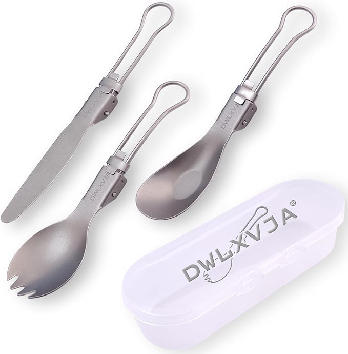 DWLXVJA Titanium Camping Utensils Set, 3-Piece Foldable Spork Spoon Knife with Case, 0.15lb Lightweight Travel Flatware for Backpacking Outdoor Hiking Office Lunch, Reusable Eco-Friendly Gift