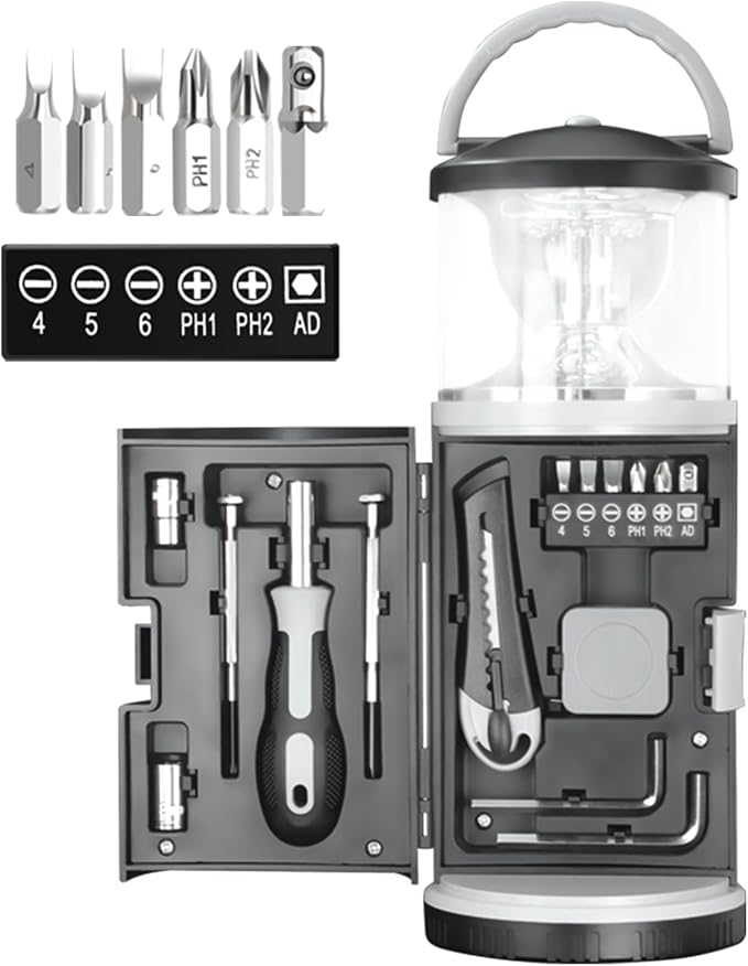 LED Camping Lantern with 15PCS Car Tool Kit, Survival Gear Hiking, Portable Emergency Set Kit with Screwdriver Set Kit Tool, Fishing Gear for Outdoors, Men/Dad Birthday Gift(AA Batteries Not Included)