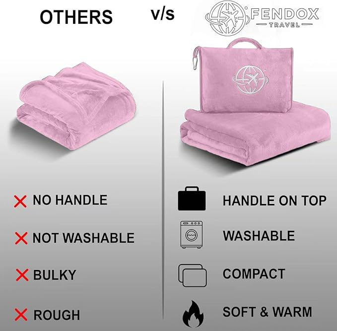 2-in-1 Travel Blanket and Pillow β Lightweight, Compact, Ultra Soft, Machine Washable β Handle, Luggage Sleeve, Backpack Clip β for Trave Airplane, Car, Office (light pink)