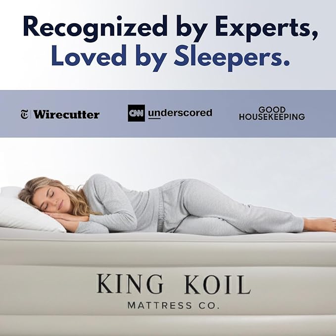 King Koil Luxury Built-in Pillow Top Queen Air Mattress with Built-in High-Speed Pump Best for Home, Camping, Guests, 20" Queen Size Double High Airbed, Blow Up Mattress, Waterproof, 1-Year Warranty