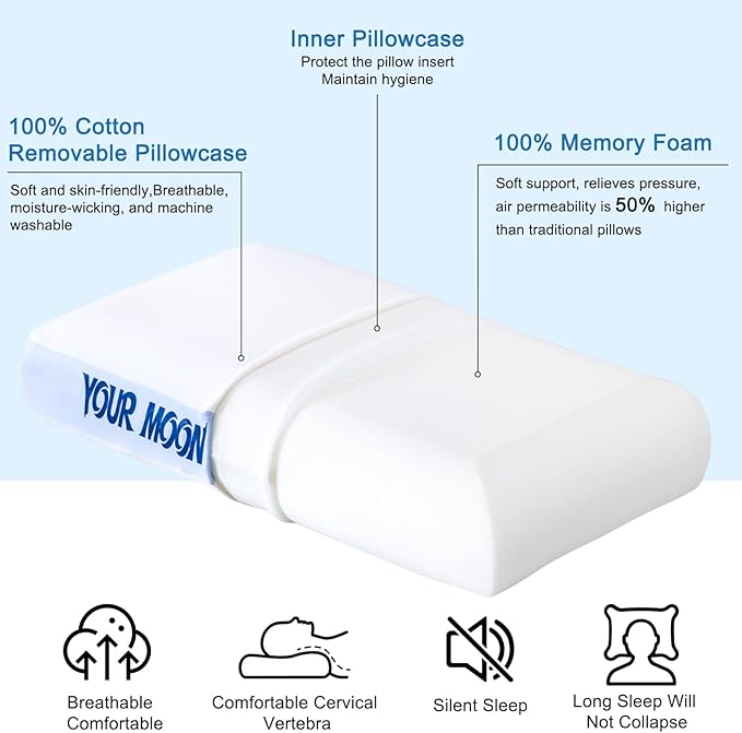 YOUR MOON Memory Foam Travel Size Pillow, Pure Cotton Cover, Small Compressible Camping Pillow for Sleeping, Portable Backpacking Support Pillows for Hiking, Car(White Blue)