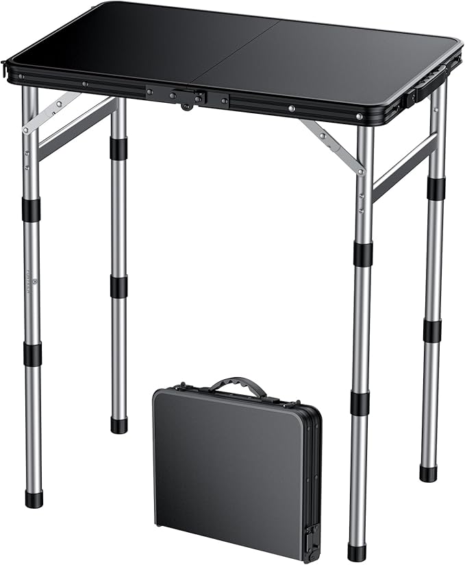 FUNYKICH Camping Table with Plastic Tabletop L22.8 xW15.7-Black Silver