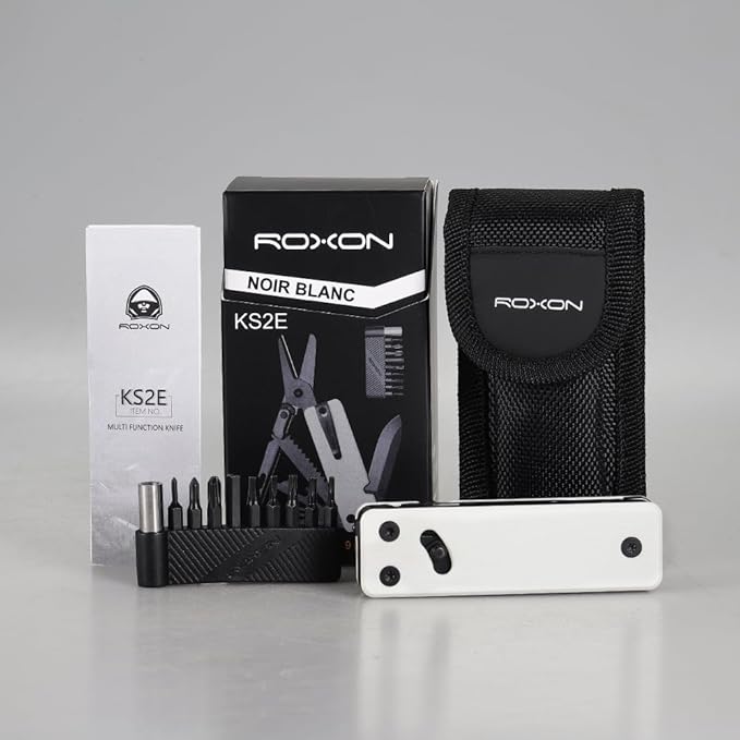 Roxon KS2 Elite Noir Blanc D2 Blade 13 in 1 Mini Multi Tool function pocket knife with big scissor, G10 handle and Pocket clip, good for Camping/Backpacking/Emergencies/EDC Multitool (D2 Steel Blade)