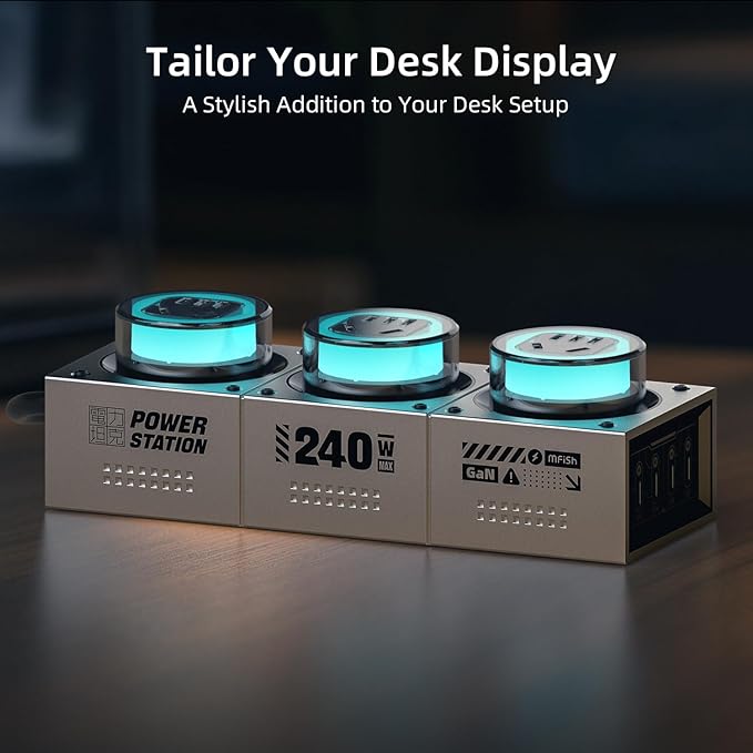 Mfish E-Tank 240W GaN Desktop Charging Station, 7-in-1 Charging Hub with 3 AC Outlets & 4 USB-C Ports (Up to 140W PD 3.1), RGB Desk Power Hub for Gaming Setup, Creator Workstation & Home Office