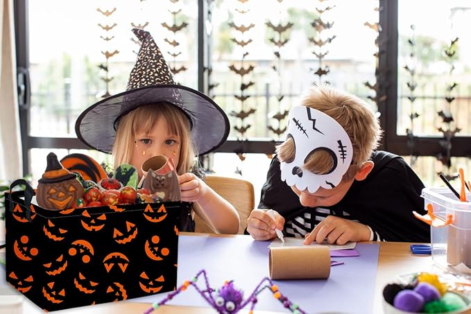 Essme Rectangular Halloween Basket,Kids Baskets Empty with Handles for Kids Halloweens Room Decor,Boys and Girls,Candy Basket(Funny face)
