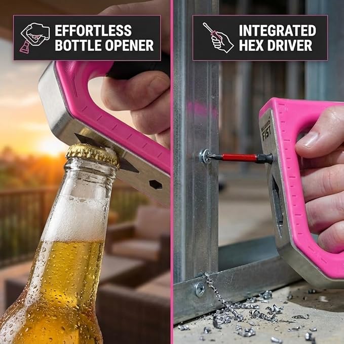 Hammer Fist 8-in-1 Multitool - Heavy Duty Stainless Steel Palm Hammer & Nail Puller, Non-Marring Mallet, Hex Driver, Ruler, Square & Bottle Opener - Compact EDC Survival Gear & DIY Hand Tool (Pink)