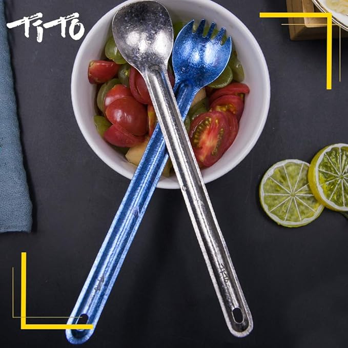 TiTo Titanium Long Handle Spork and Spoon Eco-Friendly Ultralight Portabale Flatware for Outdoor Camping Backpacking Hiking Travel Picnic Tableware with Bag (Bright Golden Spoon)