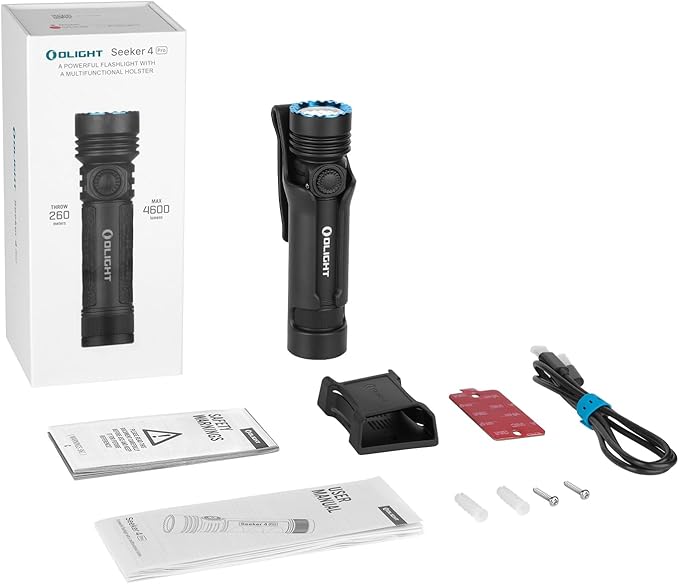 OLIGHT Seeker 4 Pro Rechargeable Flashlights, 4600 Lumens High Powerful Bright Light with USB C Holster, Waterproof IPX8 for Emergencies, Camping, Searching (Matte Black Cool White)