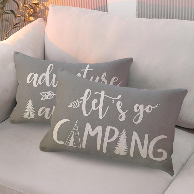 ULOVE LOVE YOURSELF Adventure Camper Decorative Lumbar Pillowcase Double-Sided Let’s Go Camping/Adventure Awaits Throw Pillow Covers Cabin/Camper Cushion Covers 12x20,2Pack for Sofa/Couch/Porch(Grey)