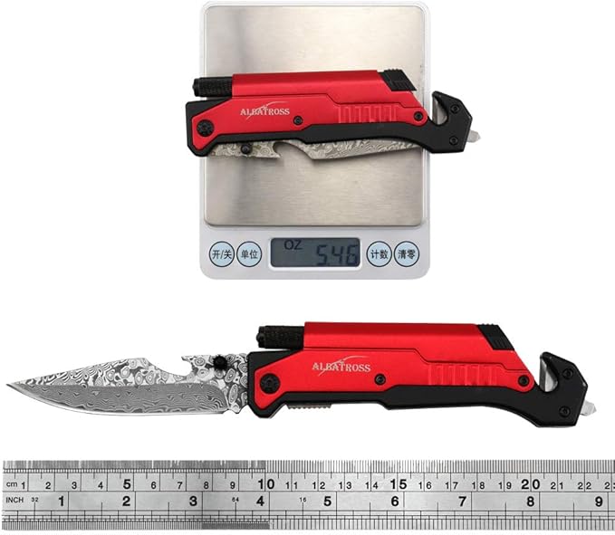 ALBATROSS 6-in-1 Modern Damascus Steel Folding Pocket Knives with LED Light,Seatbelt Cutter,Glass Breaker,Magnesium Fire Starter,Bottle Opener;Multi-Function Emergency Tool(Red-DA)